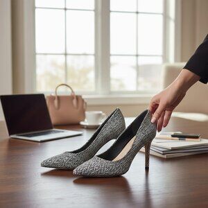 Alfani Step ’n Flex Woven Pointed-Toe Heels | Black & White | Size 8M